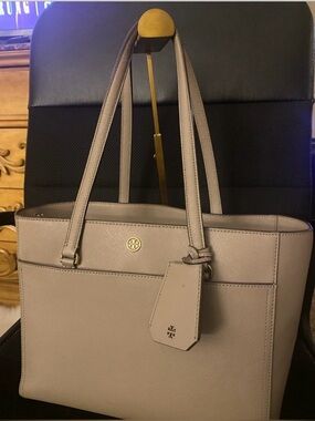 Tory Burch Taupe Saffiano Leather Tote with Logo Charm